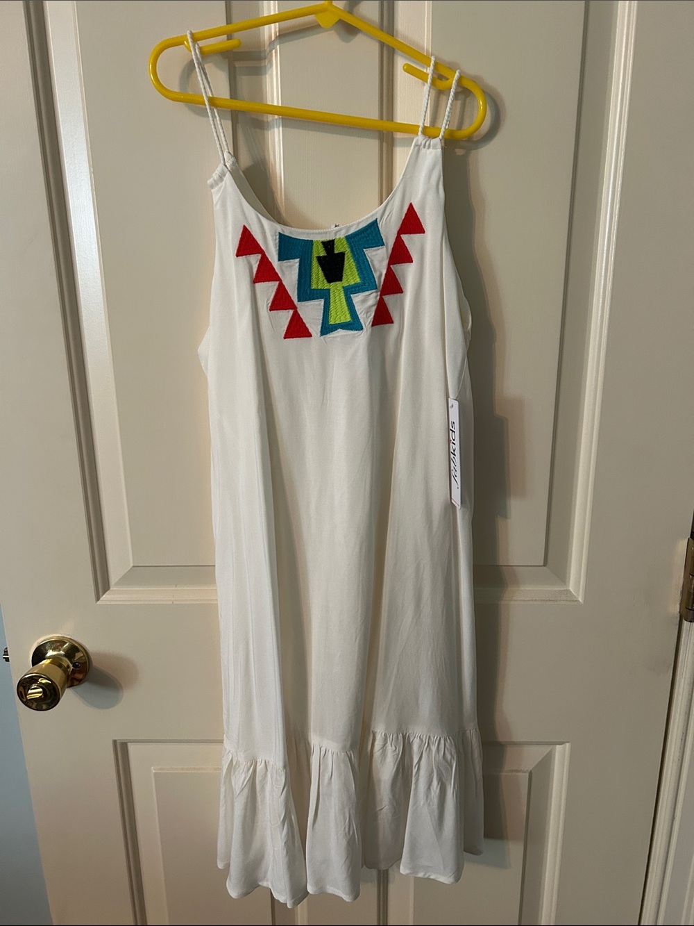 Fabkids White Girls' Embroidered Sundress w/ Colorful Tribal Motif - XL ( 14-16)